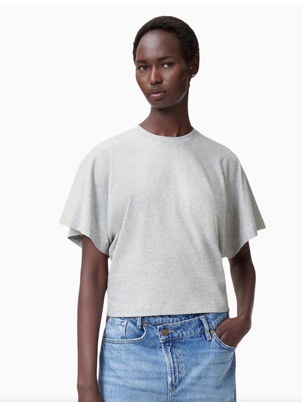 AllSaints Artia Light Gray Flutter-Sleeve Cotton T-shirt